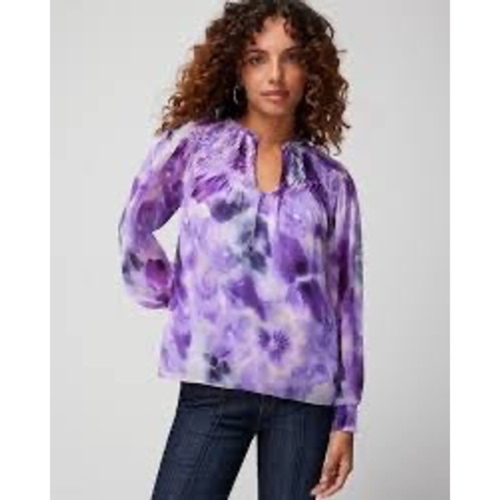 White House Black Market Purple Floral Smocked Yoke Keyhole Blouse Large